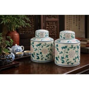 Chinese Vintage 1980s Chinoserie Hand-Painted Floral Ginger Jars Pair, 5x6.25”